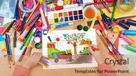  Presentation with artwork - PPT theme featuring truck art - child drawing harvesting crop background and a coral colored foreground