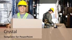  Presentation with foreman - PPT theme featuring truck boxes - portrait of happy mid adult background and a coral colored foreground