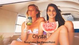  Presentation with sunset beach - Beautiful PPT theme featuring truck bus - surfer girls beach lifestyle friends backdrop and a coral colored foreground