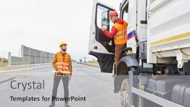  Presentation with truck driver - Colorful presentation design enhanced with truck-driver-talks-to-construction backdrop and a light gray colored foreground