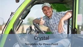  Presentation with giving - Audience pleasing slide deck consisting of traktor - portrait of a smiling farmer backdrop and a light blue colored foreground