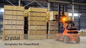  Presentation with warehousing - Colorful presentation design enhanced with truck loading - warehousing of wooden slabs backdrop and a coral colored foreground