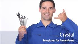  Presentation with egyptian man in make up - Cool new PPT theme with truck mechanic - man with spanners making backdrop and a ocean colored foreground