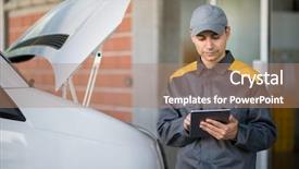  Presentation with tablets wood table tablet white - Beautiful PPT layouts featuring truck mechanic - mechainc using a tablet backdrop and a coral colored foreground