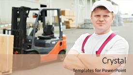  Presentation with forklift - Presentation having truck mechanic - young cheerful warehouse worker driver background and a coral colored foreground