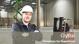  Presentation with forklift - PPT layouts featuring truck mechanic - young smiling warehouse worker driver background and a gray colored foreground