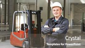  Presentation with truck driver - Cool new PPT theme with truck mechanic - young smiling warehouse worker driver backdrop and a gray colored foreground
