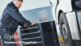  Presentation with mechanic repair - Presentation design featuring truck repair service mechanic makes computer diagnostic of the semitruck background and a tawny brown colored foreground