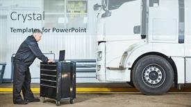  Presentation with mechanic repair - Presentation theme consisting of truck repair service mechanic makes computer diagnostic of the semitruck background and a sky blue colored foreground