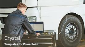  Presentation with mechanic repair - Cool new slide deck with truck repair service mechanic makes computer diagnostic of the semitruck backdrop and a tawny brown colored foreground
