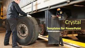  Presentation with mechanic repair - Colorful presentation theme enhanced with truck repair service mechanic works with tire in truck workshop backdrop and a tawny brown colored foreground