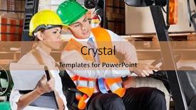  Presentation with forklift - PPT theme enhanced with truck safety driving - male supervisor in forklift showing background and a coral colored foreground