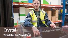  Presentation with forklift - PPT theme consisting of truck safety driving - smiling driver operating forklift machine background and a violet colored foreground