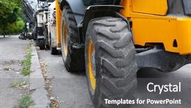  Presentation with bulldozer - Theme consisting of truck tires - yellow bulldozer outdoors background and a gray colored foreground