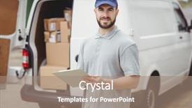  Presentation with delivery van - Theme having truck transportation - delivery man writing on clipboard background and a coral colored foreground