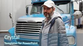  Presentation with trucking - PPT theme enhanced with trucking gray - mature bearded man against retro background and a ocean colored foreground
