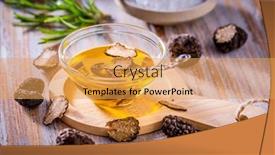  Presentation with mushroom - Presentation consisting of truffle-mushroom-oil-on-wooden background and a yellow colored foreground