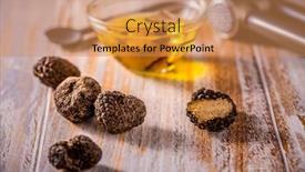  Presentation with mushroom - Theme having truffle-mushroom-oil-on-wooden background and a coral colored foreground