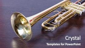  Presentation with trumpet - Amazing slides having render golden key - trumpet closeup on brown wooden backdrop and a dark gray colored foreground