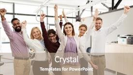  Presentation with victory team - Amazing presentation design having trumph - business triumph gesture people backdrop and a coral colored foreground