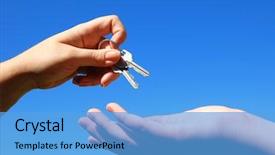 Presentation with partnership - Theme with trust purchase - handing keys from one person background and a light blue colored foreground