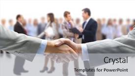  Presentation with handshake - Audience pleasing presentation consisting of trust purchase - handshake isolated abd business people backdrop and a light gray colored foreground