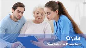  Presentation with trust - Theme featuring trust relation - nurse talking with grandmother background and a teal colored foreground