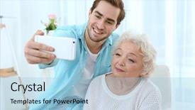  Presentation with selfie - Slide deck with trust relation - young man taking selfie background and a light blue colored foreground