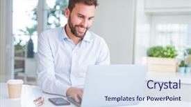  Presentation with business environment using laptops globe - PPT theme with trusted computing - handsome business man working using background and a sky blue colored foreground