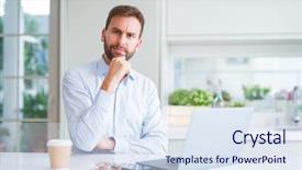  Presentation with cup coffee - Colorful presentation theme enhanced with trusted computing - handsome man working using computer backdrop and a sky blue colored foreground