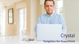  Presentation with computer burn - Amazing slide set having trusted computing - middle age man using computer backdrop and a sky blue colored foreground