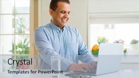  Presentation with computer evolution - Slide set with trusted computing - middle age man using computer background and a light blue colored foreground