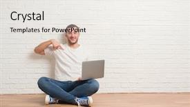  Presentation with 3d man sitting question mark - PPT theme featuring trusted computing - young caucasian man sitting background and a sky blue colored foreground