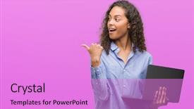  Presentation with computer - Amazing PPT layouts having trusted computing - young hispanic woman holding computer backdrop and a lilac colored foreground