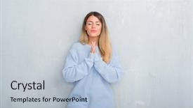  Presentation with praying hands - Beautiful PPT theme featuring christian autumn - young adult woman over grey backdrop and a light blue colored foreground