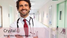  Presentation with portrait happy family smiling - Cool new PPT theme with trustworthy - portrait of a smiling doctor backdrop and a coral colored foreground