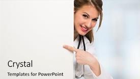  Presentation with finger - Beautiful presentation theme featuring trustworthy - portrait of a smiling doctor backdrop and a white colored foreground