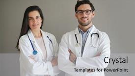  Presentation with lab coats - Audience pleasing PPT theme consisting of trustworthy - young doctors in lab coats backdrop and a  colored foreground