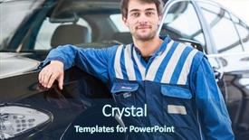  Presentation with professional appearance - Presentation design with trustworthy looking professional mechanic leaning background and a ocean colored foreground