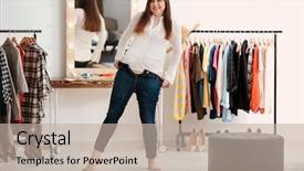  Presentation with jeans - Cool new PPT layouts with trying on jeans in boutique backdrop and a mint green colored foreground