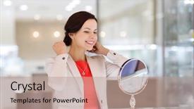  Presentation with consumerism - Beautiful PPT theme featuring trying on pendant at jewelry backdrop and a coral colored foreground