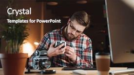  Presentation with role play woman and man - Audience pleasing PPT layouts consisting of trying to fix old camera backdrop and a wine colored foreground