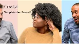  Presentation with man woman - Slide set with trying to listen to interesting background and a coral colored foreground