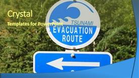  Presentation with tsunami - PPT theme enhanced with tsunami evacuation route road sign background and a tawny brown colored foreground