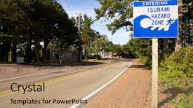  Presentation with tsunami - Theme featuring tsunami warning zone road sign background and a coral colored foreground