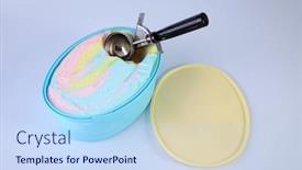  Presentation with tub - Cool new slide deck with tub of ice cream with scoop backdrop and a sky blue colored foreground