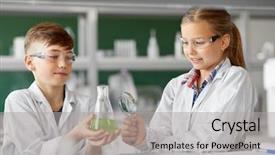  Presentation with children education - PPT theme with tube and magnifier studying chemistry background and a light gray colored foreground