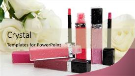  Presentation with blush brushes lip gloss - Audience pleasing PPT theme consisting of tube rose - beautiful lip glosses isolated backdrop and a soft green colored foreground