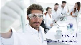  Presentation with laboratory - Colorful PPT theme enhanced with tube with reagents on blurred backdrop and a  colored foreground