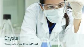  Presentation with flasks - Colorful slide deck enhanced with tubes experiment - female medical or scientific researcher backdrop and a sky blue colored foreground